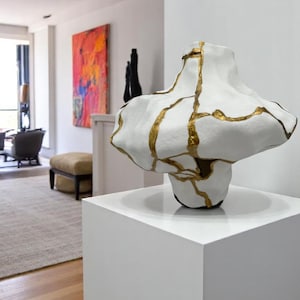 Modern Kintsugi Rock Vase - Japanese Pottery with Gold Repair - Japandi Decor - Hand Painted Rough Texture White Ceramic (H) 7in (W) 6.25in