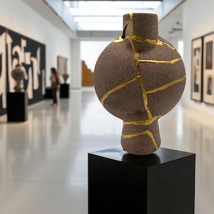 Modern Kintsugi Sphere Vase - Japanese Pottery with Gold Repair - Japandi - Smooth Texture Ceramic - Taupe (H) 7.5in (W) 5in