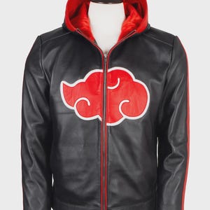 May include: A black zip-up hooded jacket featuring a large red cloud graphic with a white outline on the chest. The hood is lined with bright red fabric, and a thin red stripe runs down the length of each sleeve, matching the front zipper trim.