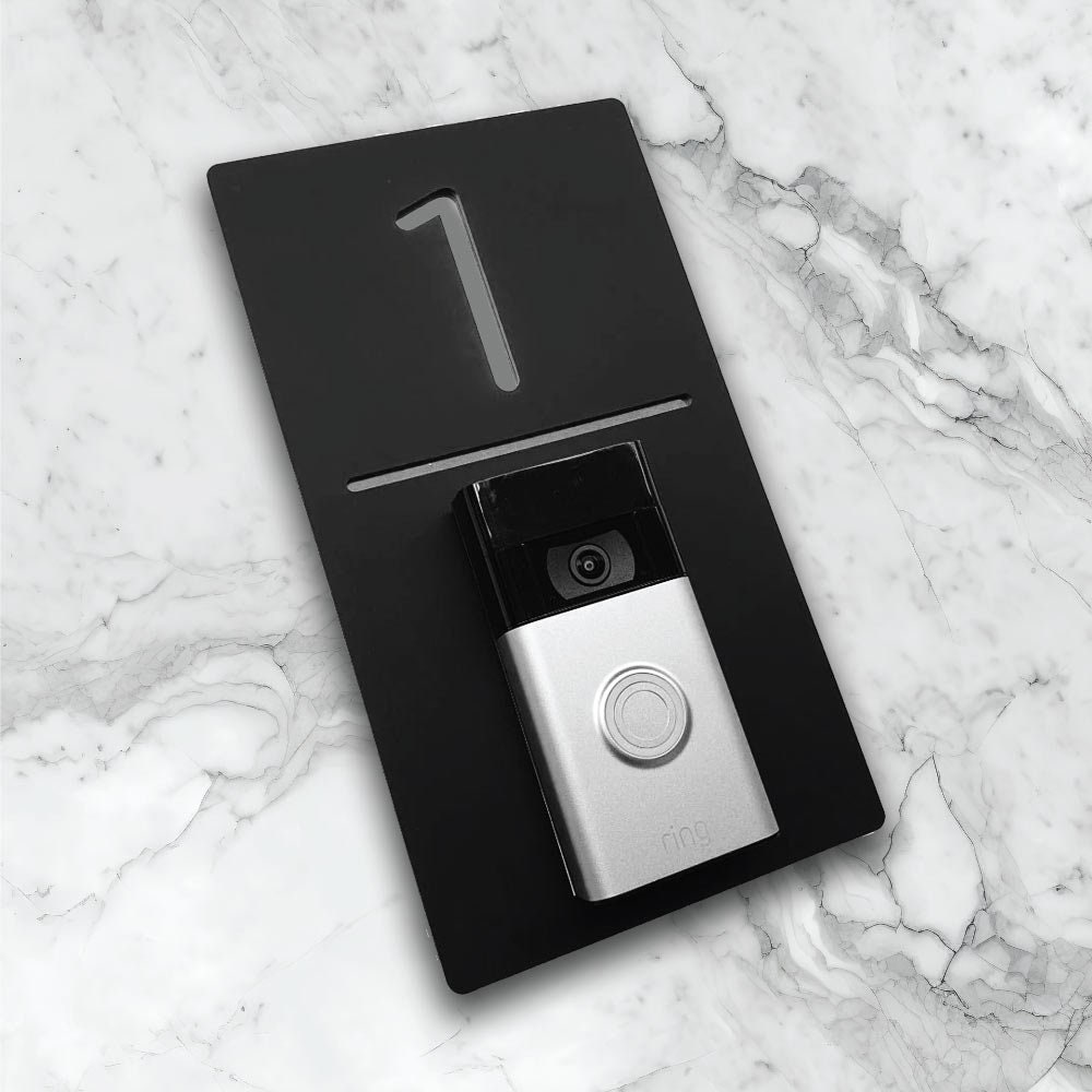 Modern Matte Black House Sign With Integrated Video Doorbell Portrait Orientation Silver Details ...