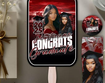May include: A graduation-themed hand fan with a red and black design. The fan features the text "Class of 2025" and "Congrats Graduate" with a photo of a graduate. A matching button and tassel are also visible.