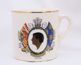 Prince Charles Investiture Mug 1st July 1969, Gold Gilt rim, Caernarvon Castle, Prince of Wales, Royal Family Memorabilia, Falcon Ware, 60s