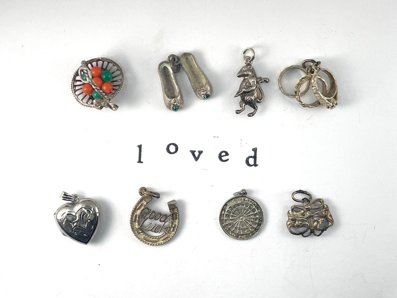 Vintage Sterling Silver Charm. Basket of Fruit, Slippers, Rat, Wedding