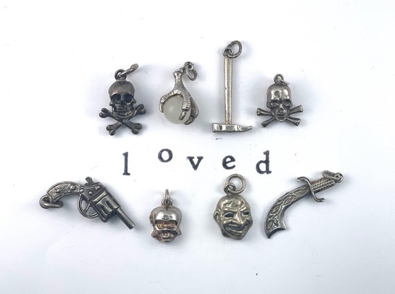 Vintage Sterling Silver Charms: Skull, Dragon Claw, Revolver, Sword