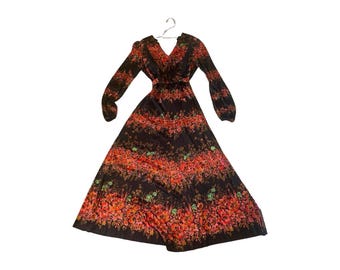 Vintage 1970s Floral Maxi Dress: Black & Red Balloon Sleeve Gown