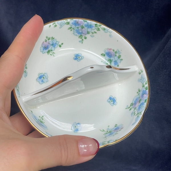 1920s Vintage Conserve dish by Crown Staffordshire, Forget me Not Blue and White Flower fine bone china pinch pot, or jewellery dish #F14895