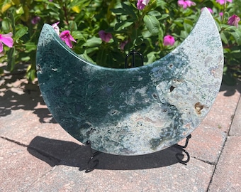 RARE DRUZY Moss Agate Moon Crystal Carving