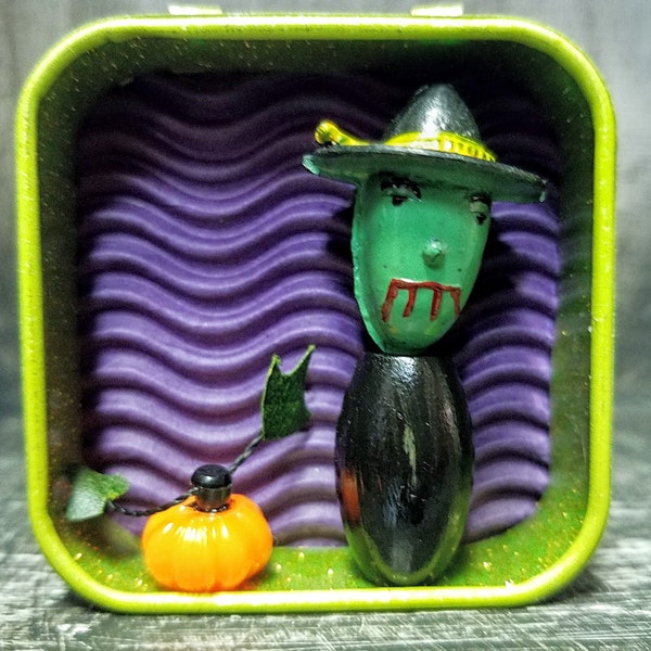 Miniature Halloween Art Diorama, Witch and Pumpkin, Spooky Art for Small Spaces