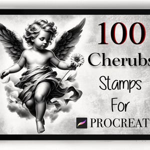 Puede incluir: Una ilustración digital de un querubín con alas sosteniendo una flor. La imagen es una vista previa de un conjunto de 100 sellos de querubines para Procreate.