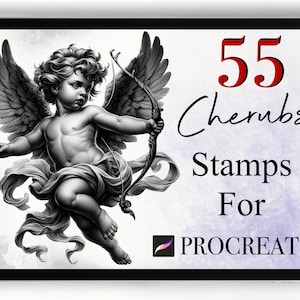 May include: A digital illustration of a cherub with wings holding a bow and arrow. The image is on a tablet screen with the text "55 Cherubs Stamps For PROCREATE" on the right side.