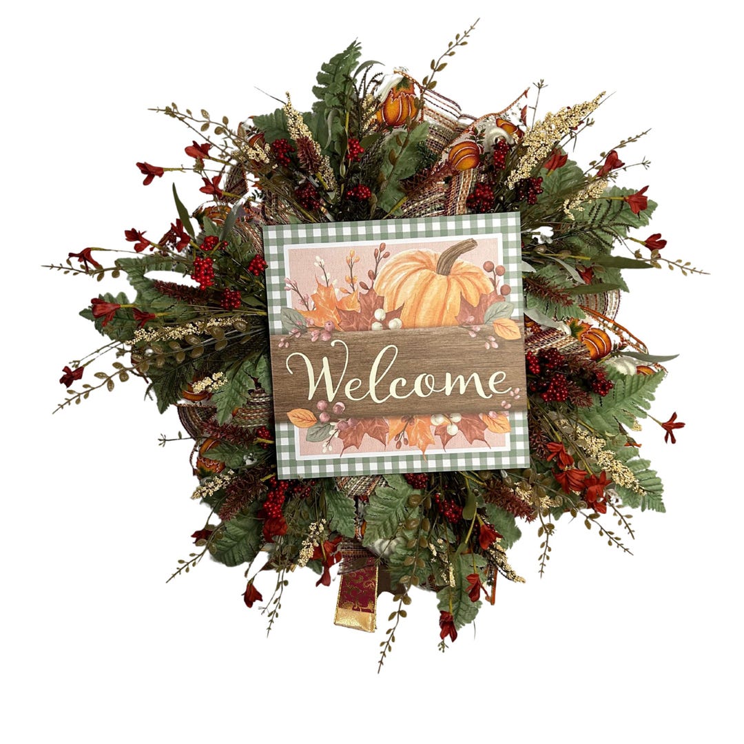 Fall Welcome Wreath | Pumpkin Front Door Décor | Autumn Grapevine ...