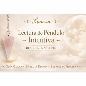 May include: A light pink, cone-shaped crystal pendulum hangs from a silver chain against a beige background featuring a large moon, clouds, and the text Lunévia, Lectura de Péndulo Intuitiva, RESPUESTA SÍ O NO, GUÍA CLARA, ENERGÍA DIVINA, RESPUESTA PRECISA.