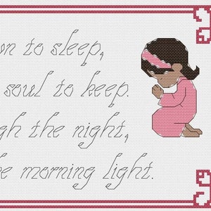 Now I Lay Me Down to Sleep - Cross stitch pattern PDF - Girl - medium skin - black hair - INSTANT DOWNLOAD