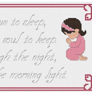Now I Lay Me Down to Sleep - Cross stitch pattern PDF - Girl - olive skin - black hair - INSTANT DOWNLOAD