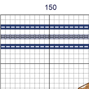 May include: A cross stitch pattern chart with blue, gray, and brown colors. The chart is numbered 150 and 160 on the top and 010 on the left side.