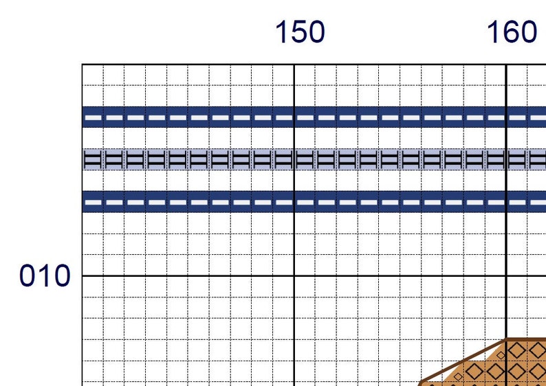 May include: A cross stitch pattern chart with blue, gray, and brown colors. The chart is numbered 150 and 160 on the top and 010 on the left side.