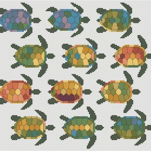 May include: A pattern of twelve colorful sea turtles in a cross-stitch style. Each turtle has a unique shell design with shades of blue, green, yellow, orange, and red. The turtles are set against a white background.