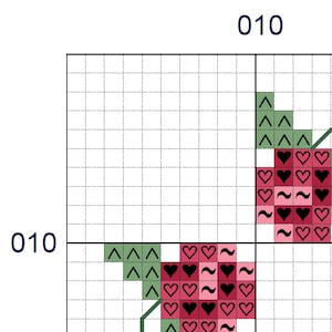May include: Cross stitch pattern featuring a red heart with green leaves. The heart is filled with pink and black hearts and wavy lines.