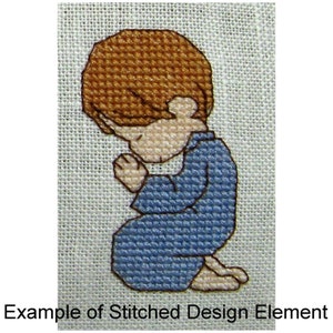 May include: A cross-stitch design of a child kneeling in prayer with brown hair and a blue shirt.