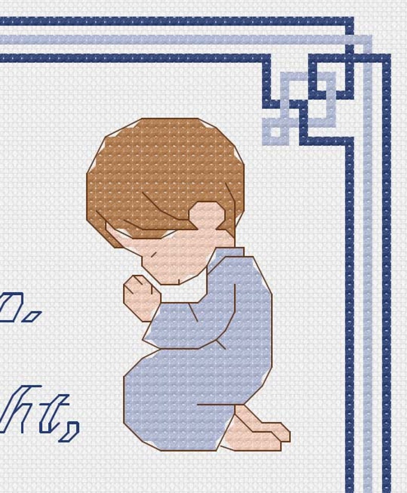 May include: A cross-stitch pattern of a child praying with hands clasped. The child is wearing a light blue robe and has brown hair. The background is white with a blue border.