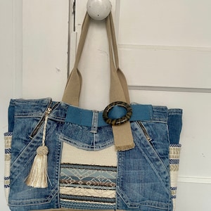 Upcycled Jeans with Woven Upholstery Tote