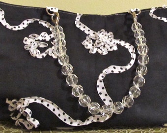 Black linen with polka dot swirls purse: FINAL SALE