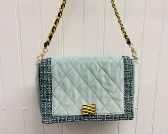 Tweed Teal Quilted Velvet Messenger Bag