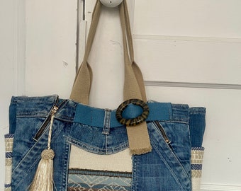 Upcycled Jeans with Woven Upholstery Tote