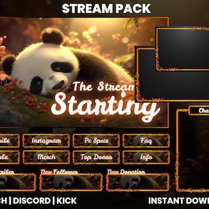 Peut inclure: Un pack de stream numérique avec une illustration de panda et le texte "The Stream Starting". Comprend des panneaux personnalisables pour Twitch, Discord et Kick, avec des options pour les abonnés, les dons et les réseaux sociaux. Téléchargement instantané.