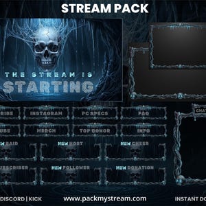 May include: A digital stream pack with a dark, fantasy theme. The main graphic features a skull with icy accents and the text "THE STREAM IS STARTING". Includes overlay frames, and social media buttons for Twitch, Discord, and Kick.