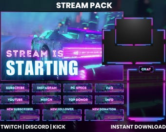 Neon Car Stream Pack | Animated Twitch Overlays & Panels