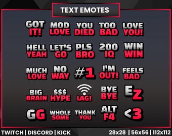 Rood en grijs tekstemotespakket | Twitch, Discord, YouTube (PNG, directe download)