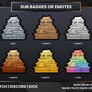 May include: A graphic featuring six stylized castle illustrations in various colors, labeled for different subscription durations. The text "SUB BADGES OR EMOTES" is at the top, with "TWITCH | DISCORD | KICK" at the bottom, along with size dimensions.