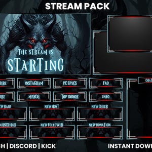 Könnte beinhalten: Ein digitales Stream-Paket mit einem Dark-Fantasy-Thema. Die Hauptgrafik zeigt ein wolfsähnliches Wesen mit leuchtend roten Augen. Enthält Overlay-Elemente mit Text wie "Subscribe", "YouTube" und "Chat". Der Text "The Stream Is Starting" ist ebenfalls sichtbar.