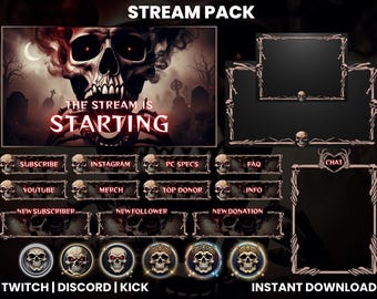 Pacote de Transmissão da Twitch com Caveiras e Emblemas | Tema Gótico Escuro | Pacote de Sobreposições de Chute