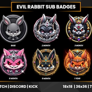 Evil Rabbit Twitch BIT Badges | Cute & Fierce Bunny Badges | Kick Badges| Crown Rabbit Badges | Dark Bunny Twitch Badges |Discord KICK