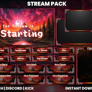 May include: A digital stream pack with a landscape background featuring a red and purple sky, a full moon, and a forest. The text "The Stream Is Starting" is displayed. Includes buttons for various stream features.