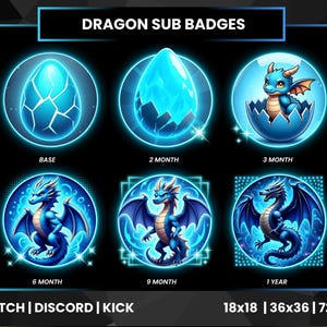 Può includere: Set di sei badge secondari a tema drago in un design circolare. I badge presentano un uovo blu, un uovo che si schiude, un cucciolo di drago e draghi adulti con le ali. Il testo include "Dragon Sub Badges", "Base", "2 Month", "3 Month", "6 Month", "9 Month" e "1 Year".