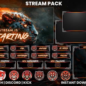 Könnte beinhalten: Ein Stream-Paket mit einem feurigen orange-schwarzen Farbschema, das einen Jaguar mit glühendem Auge zeigt. Das Paket enthält eine Vielzahl von Overlays für Twitch, Discord und Kick, darunter einen Startbildschirm, Infos, FAQ, YouTube, PC-Spezifikationen, Merchandise, Instagram, Abonnieren, Folgen, neue Spenden, neue Abonnenten und neue Follower-Overlays. Der Text "STREAM PACK" befindet sich oben im Bild, und der Text "INSTANT DOWNLOAD" befindet sich unten im Bild.