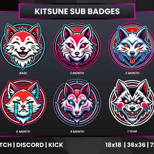 Kitsune Wolf Twitch Sub Badges | Kitsune Bit Badges| Kitsune Designs | Kitsune Anime | Kitsune Wolf | Wolf | KICK DISCORD YOUTUBE |