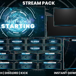 Könnte beinhalten: Ein digitales Stream-Paket mit futuristischem Design. Die Hauptgrafik zeigt ein blau-weißes kreisförmiges Design mit dem Text "THE STREAM IS STARTING". Enthält Panels für Chat, Abonnenten-Benachrichtigungen und Social-Media-Links. Der Text "TWITCH | DISCORD | KICK" ist ebenfalls sichtbar.