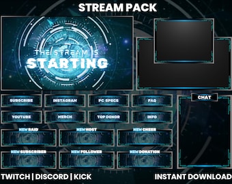 Pacote de Transmissão Hi-Tech Azul para Twitch | Telas Animadas, Sobreposições | Animação de Expulsão