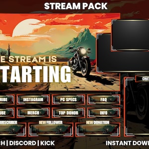 Op de afbeelding: Digitale stream pack met een woestijnlandschap achtergrond, een motorfiets en de tekst "The Stream Is Starting". Inclusief panelen voor chat, abonneren en andere streaming functies. Het kleurenpalet is oranje, bruin en zwart.