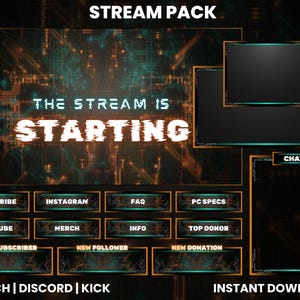 以下が含まれることがあります： 未来的なデザインのデジタルストリームパック。「THE STREAM IS STARTING」のテキストをグリッチエフェクトで表示。チャット、登録者アラート、ソーシャルメディアリンク用のパネルが含まれています。配色は黒、ティール、オレンジです。