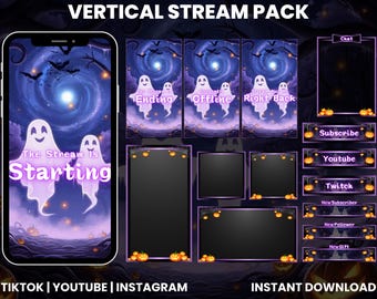 Purple Ghost Vertical Halloween Stream Pack | Animated Twitch Overlay (Digital Download)