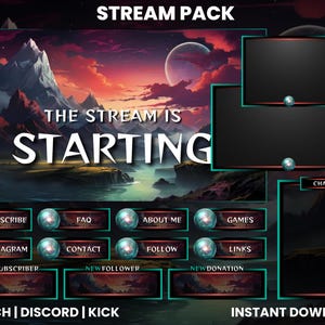 Könnte beinhalten: Ein Stream-Pack-Overlay mit einem Fantasy-Landschaftshintergrund. Der Text "THE STREAM IS STARTING" wird in der Mitte des Bildes angezeigt. Das Overlay enthält Schaltflächen für Abonnieren, FAQ, Über mich, Spiele, Instagram, Kontakt, Folgen, Links, neuer Abonnent, neuer Follower und neue Spende. Das Overlay enthält auch ein Chat-Fenster und einen Platz für eine Webcam.