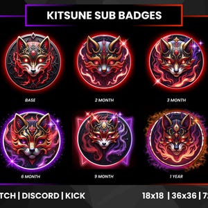 Wild Kitsune Mask Twitch Sub Badges | Red Kitsune Bit Badges | Kitsune Mask Designs | Red Japanese Fox | Red Fire Fox | White Fox Mask Badge