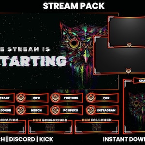 May include: A colorful owl graphic design stream pack for Twitch, Discord, and Kick. The pack includes a starting screen, chat box, and various panels for contact, info, top donor, merch, YouTube, FAQ, PC specs, new donation, new subscriber, new follower, and Instagram.