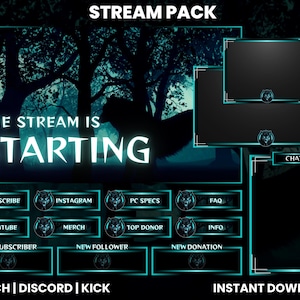 May include: A digital stream pack with a dark teal and black color scheme. The design includes a forest silhouette, wolf icons, and text that reads "THE STREAM IS STARTING." Buttons for subscribe, YouTube, and other social media platforms are included.