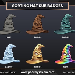 Puede incluir: Gráfico con seis insignias secundarias del Sombrero Seleccionador en varios colores. Los sombreros son grises, marrones, verde azulado, azul claro, dorados y arcoíris. El texto incluye "SORTING HAT SUB BADGES", "BASE", "2 MONTH", "3 MONTH", "6 MONTH", "9 MONTH" y "1 YEAR".